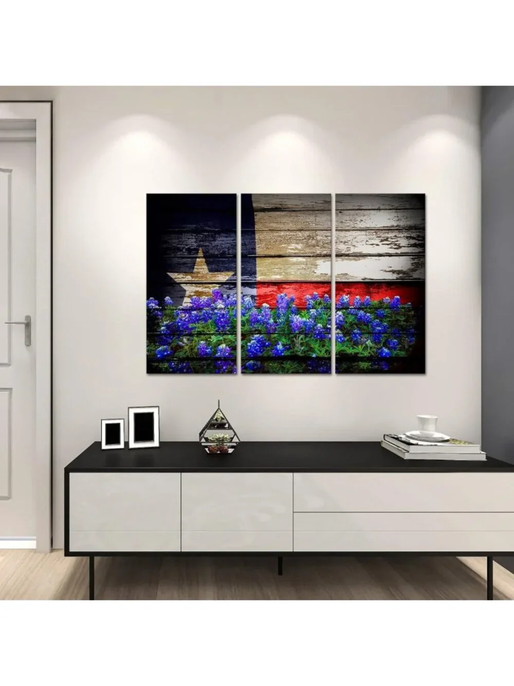 Texas Wall Art Canvas Set - Bluebonnet Flag Prints for Home Office Decor